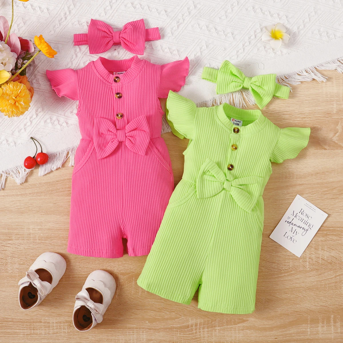 

PatPat 2pcs Baby Girl 95% Cotton Bow Front Flutter-sleeve Rib-knit Jumpsuit with Headband