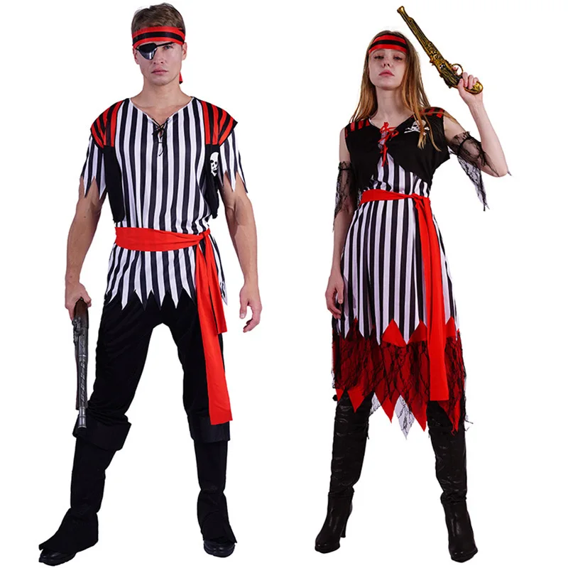 Stripe Men Halloween One-eyed Robber Costumes Adult Skull Pirate Cosplay Carnival Purim Role Play Show Nightclub Bar Party Dress