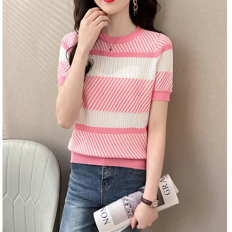 

Лето 2029, модные футболки в полоску, элегантные женские топы, трикотажные футболки с короткими рукавами и круглым вырезом, свободные офисные женские пуловеры, тонкие