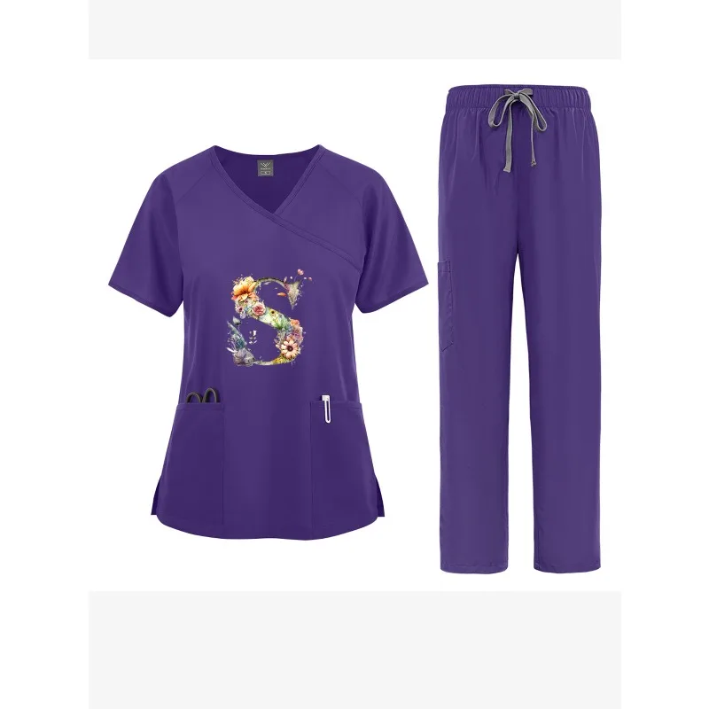 맞춤 프린트 스크럽 세트 여성용 타이백 반팔 바지 얇고 빠르게 마르는 뷰티 살롱 산부인과 간호사 작업복