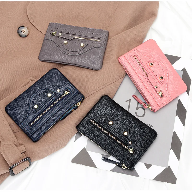 Women's Top Grain Cowhide Coin Purse Genuine Leather Short Biker Style Coin Pouch New Fashion Multi-functional Key Ring Cash Bag