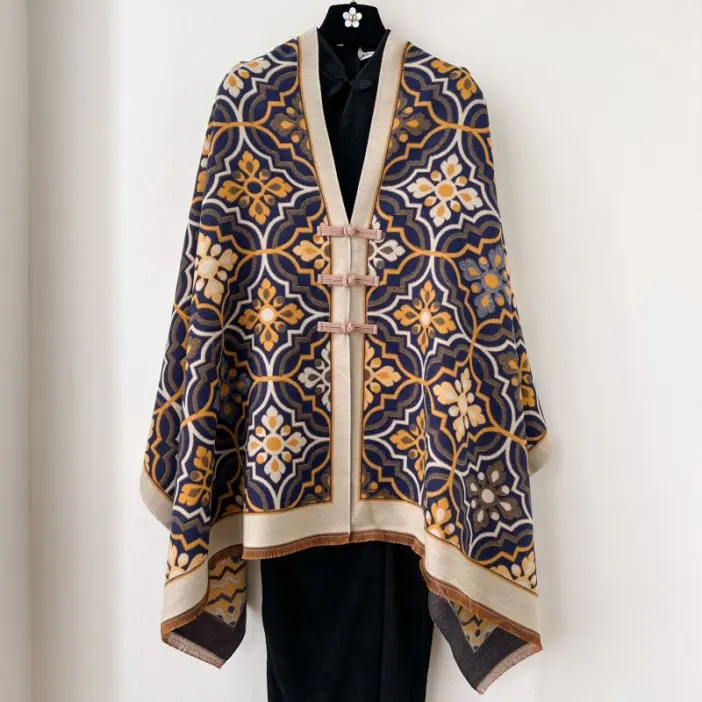 Winter Thick Cape with Frog Buttons, Retro Ethnic Travel Shawl Wrap, Multi-Use Scarf & Summer Aircon Blanket, Cozy Outerwear