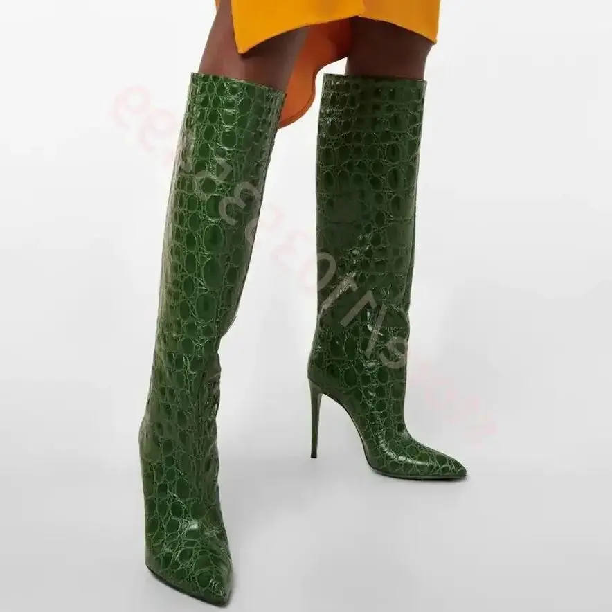 

Кожаные ботинки на шпильке с острым змеиным узором, осень 2023, новые пикантные женские модельные подиумные ботинки до середины икры, модные вечерние повседневные ботинки