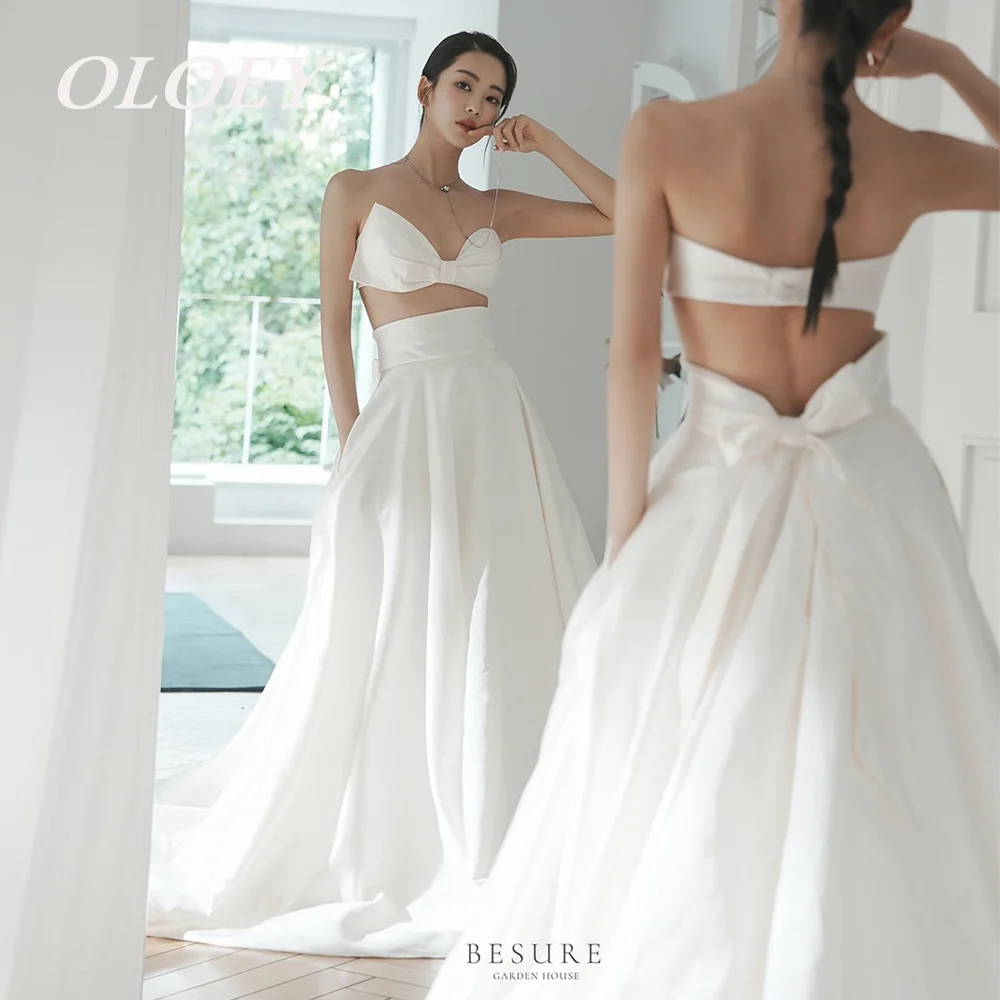 

OLOEY Sexy A Line Wedding Dresses Set V Neck Top with A Line Skirt Pleats Satin Bridal Gowns Korea Photoshoot Customized