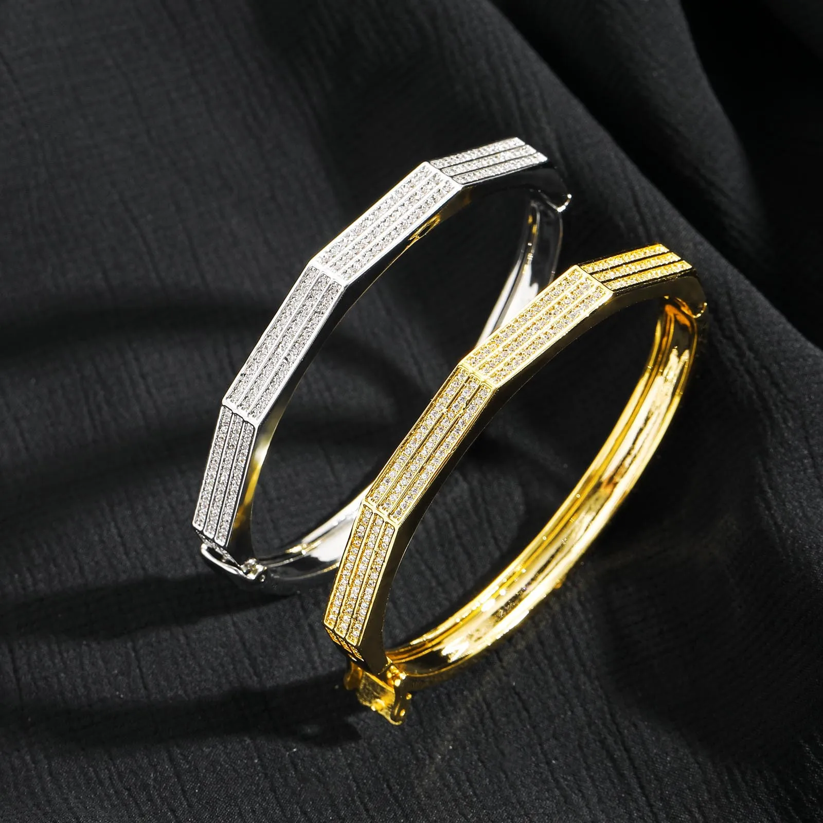 

Micro Paved AAA+ Cubic Zirconia Bling Ice Out Geometric Polygon Open Cuff Bangles Bracelets for Men Women Hip Hop Rapper Jewelry