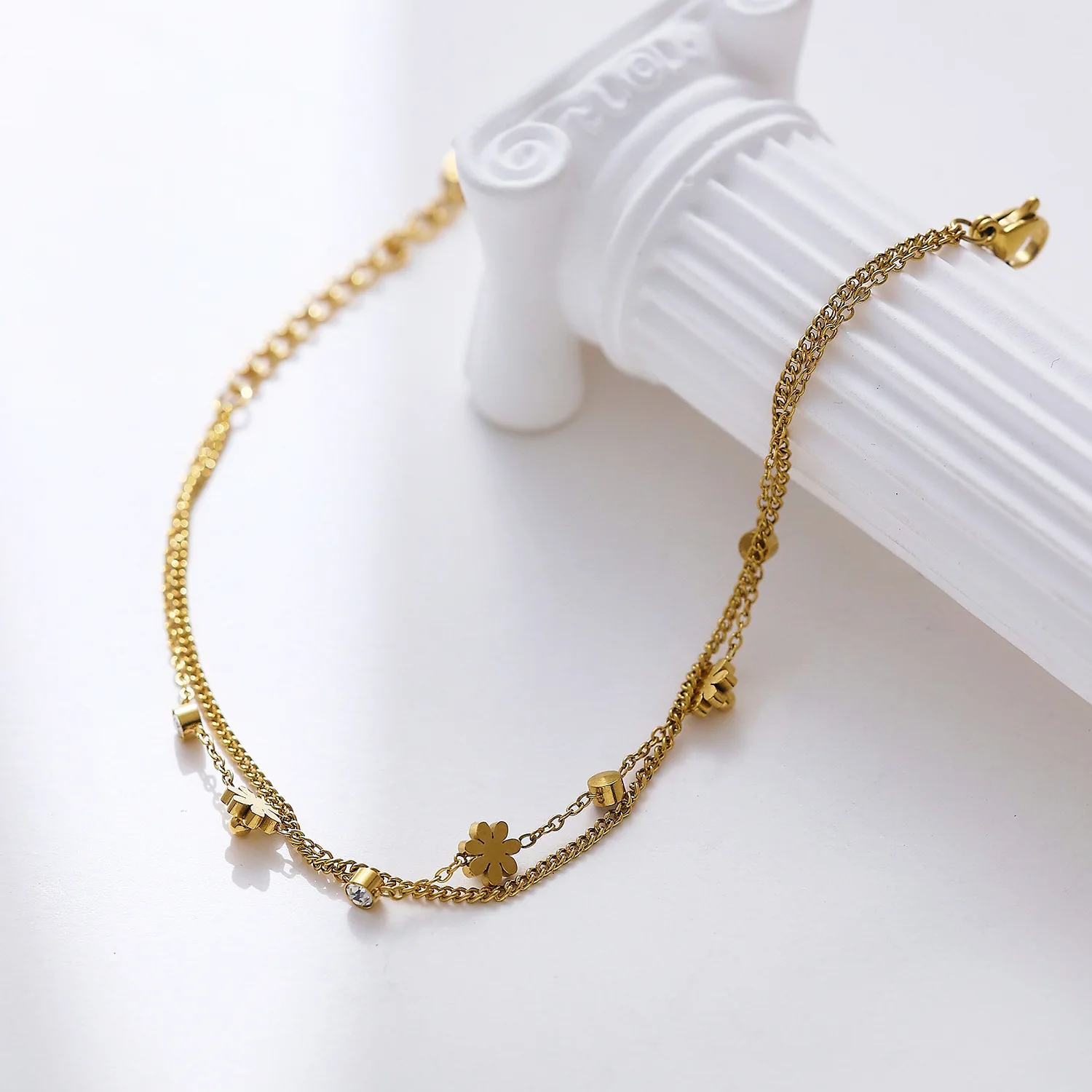 316L Stainless Steel New Fashion Fine Jewelry 2 Layer Embed Zircon Daisy Flowers Charm Chain Bracelets Bangles For Women