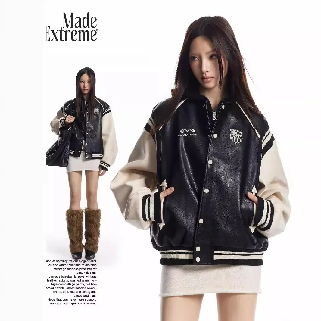 

MADE EXTREME Badge Embroidered Vintage Stitching Pu Leather Jacket Hip Hop Varsity Jacket