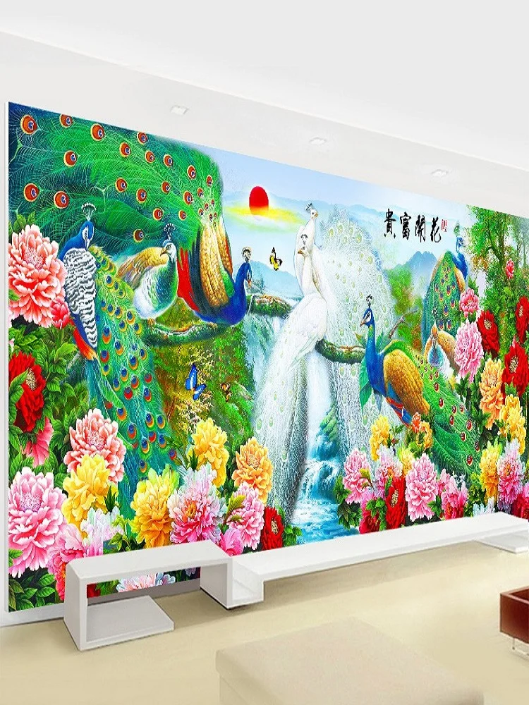 

Handmade Peacock Cross Stitch Kit Large Peony Flower Living Room New Style Embroidery Cotton Fabric Animal Pattern Chinese Style