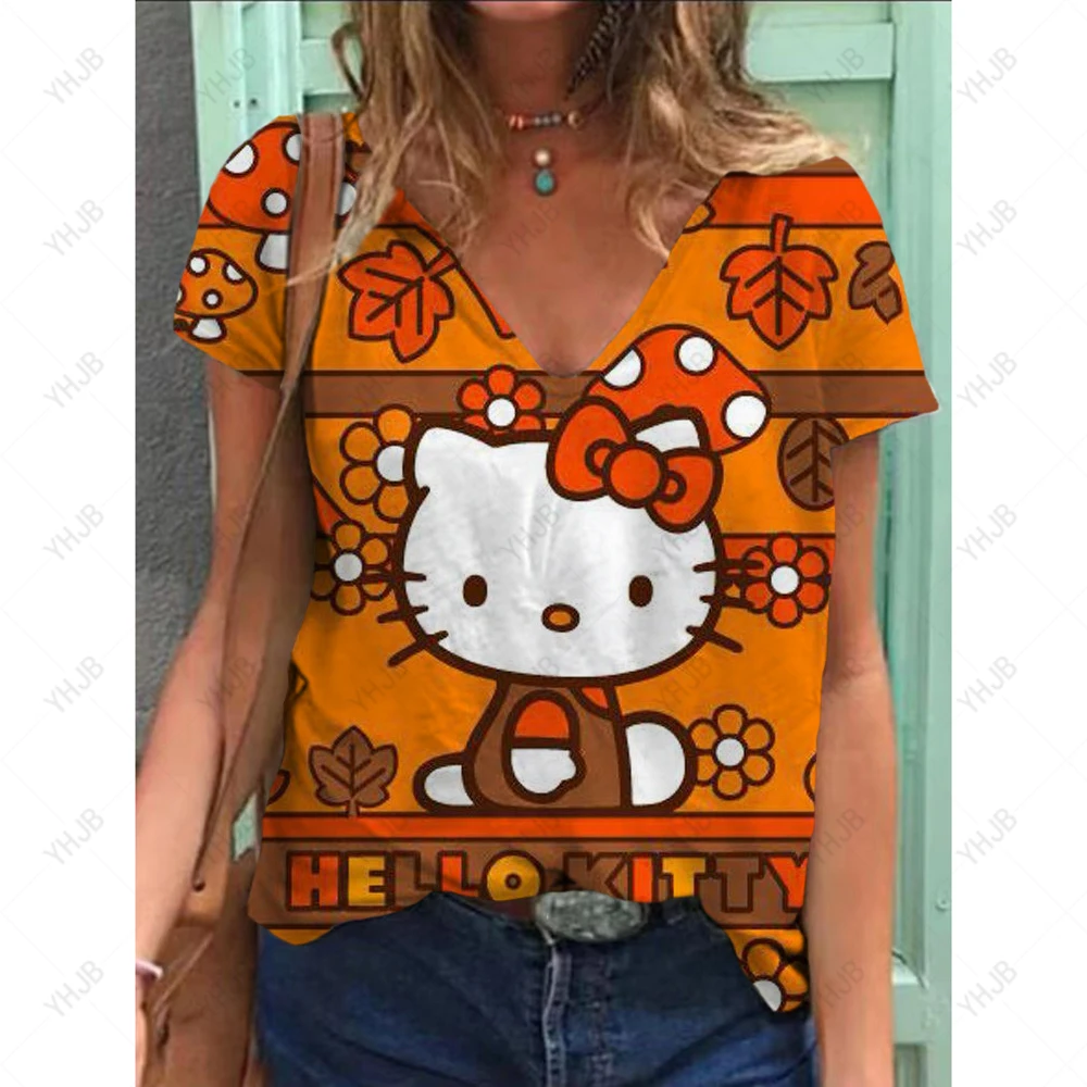الصيف النساء تي شيرت ثلاثية الأبعاد موضة سانريو مرحبا كيتي الطباعة Harajuku تي شيرت الفتيات تي شيرت الملابس الجديدة قصيرة الأكمام الخامس الرقبة