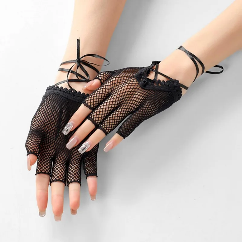 New Design Women Sexy Bandage Fingerless Gloves Gothic DIY Strapping Sunscreen Sleeve Lolita Jk Emo Y2k Elastic Mesh Punk Gloves