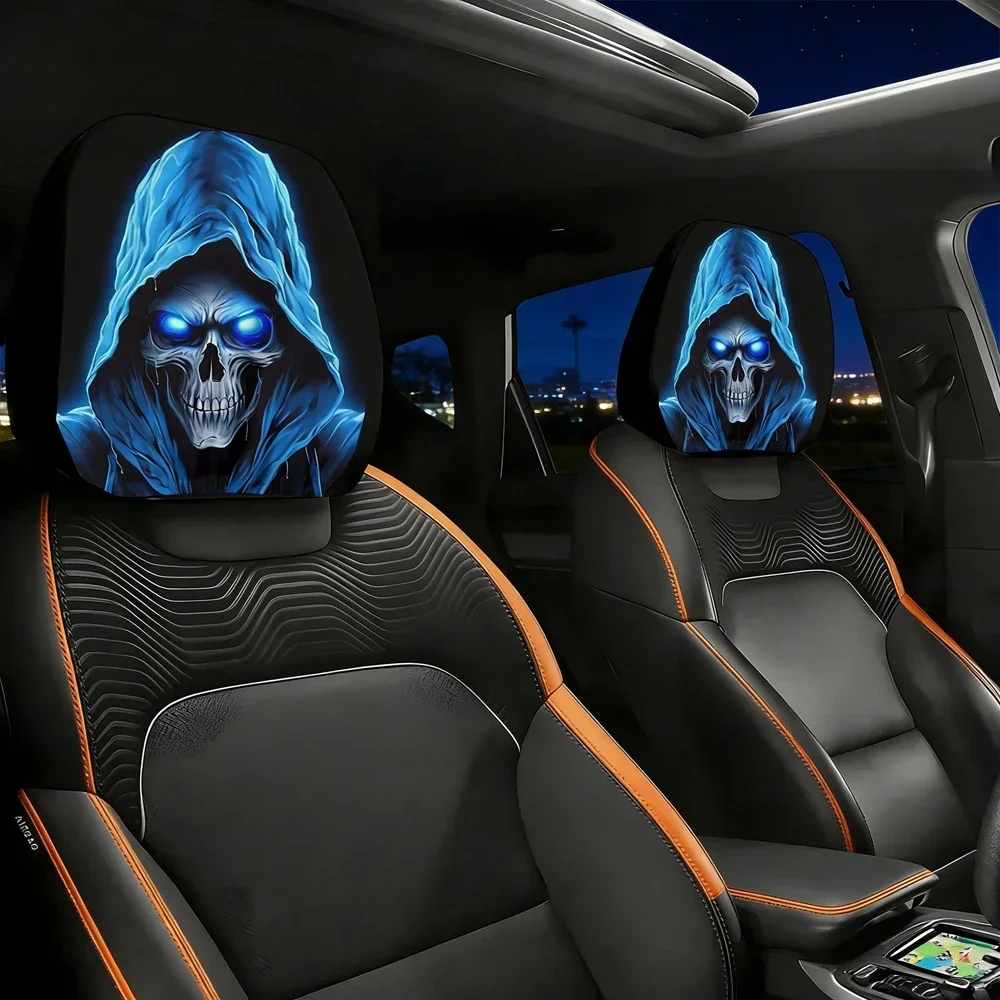 2pc Blue Skull Pattern Car Headrest Cover, Universal Headrest Protector Case, Fashion Auto Interior Decor Accessory