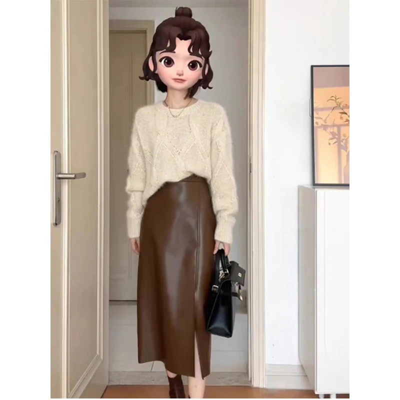 

High Waist A-Line Leather Skirt Real eep Leather Vintage Hong Kong Sle Slimming Autumn Winter High Faion Sensation