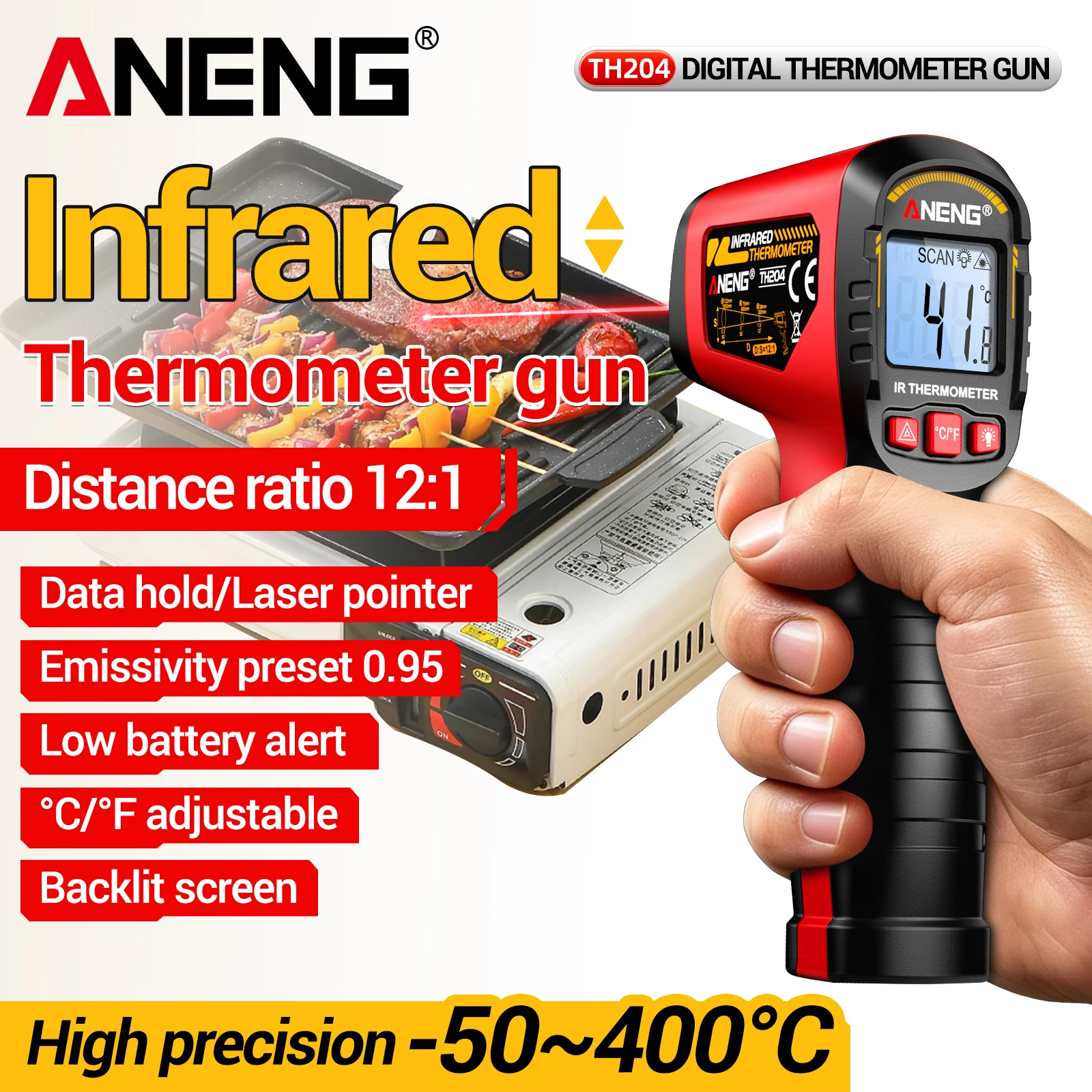 Non‑Contact Digital Infrared IR Thermometer Gun ANENG TH204 -50℃‑400℃ Laser Targeting 12:1 D:S Car Vent Home Temp Check Tools