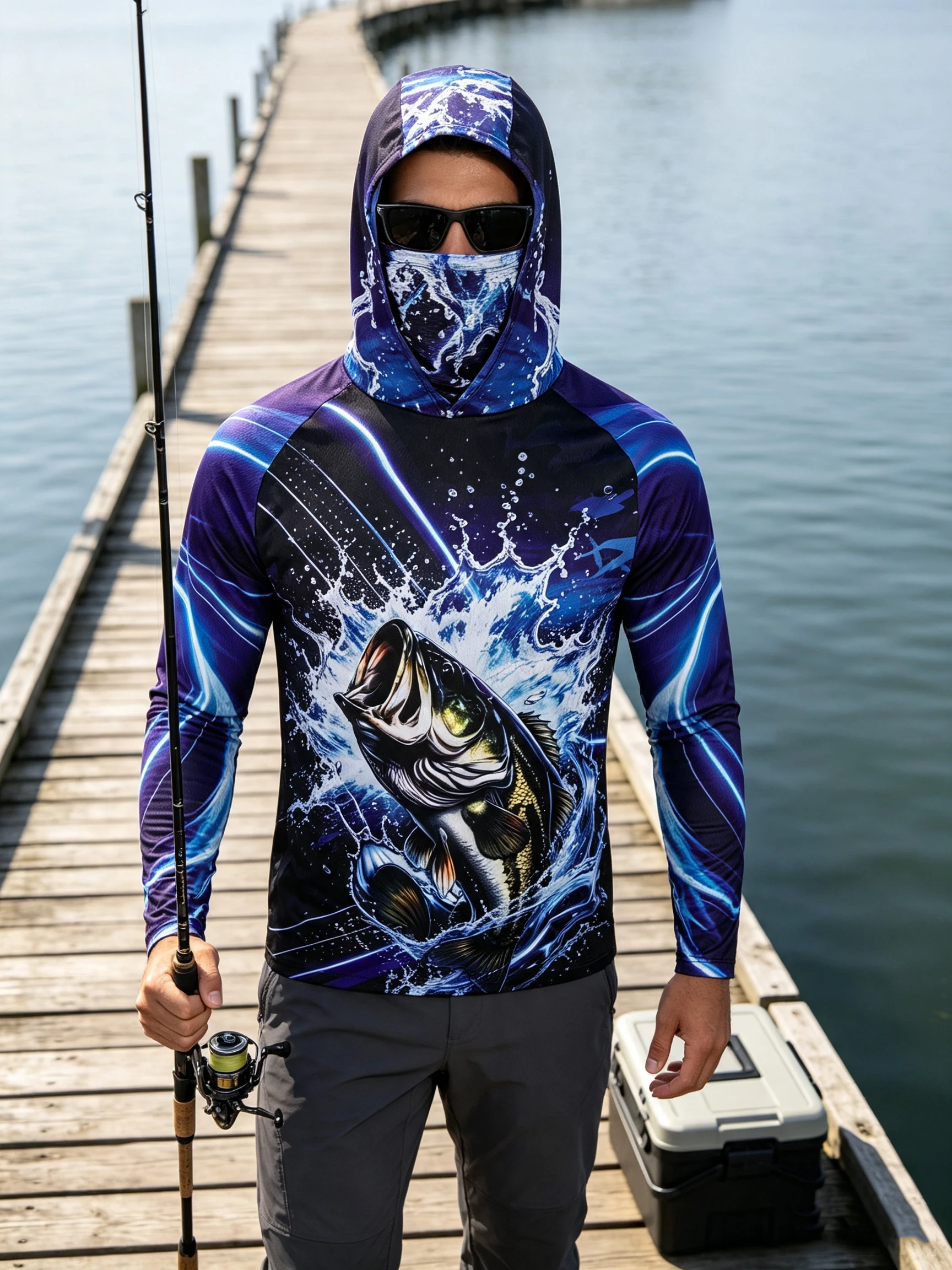 Men's Outdoor Fishing Hoodie UPF 50+ Long Sleeve Breathable Athletic Shirt with Bass Fish Graphic for Hiking Running Boating