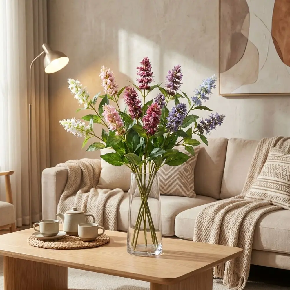 Planta Artificial de Pogostemon de 3 Cabezas, Tallo Alto, Rama de Pachulí Falsa, Flor de Plástico, Flor Artificial de Seda, Decoración para el Hogar