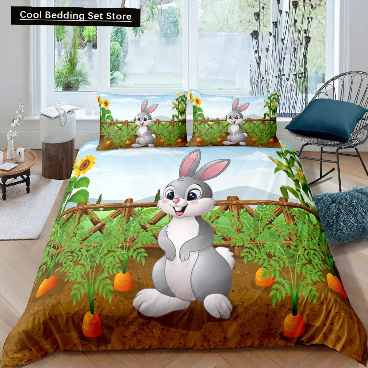 Kids Cartoon Rabbit Carrot King Queen Duvet Cover Boys Girls Cute Bunny Bedding Set Animal Quilt Cover Polyester Comforter Cover