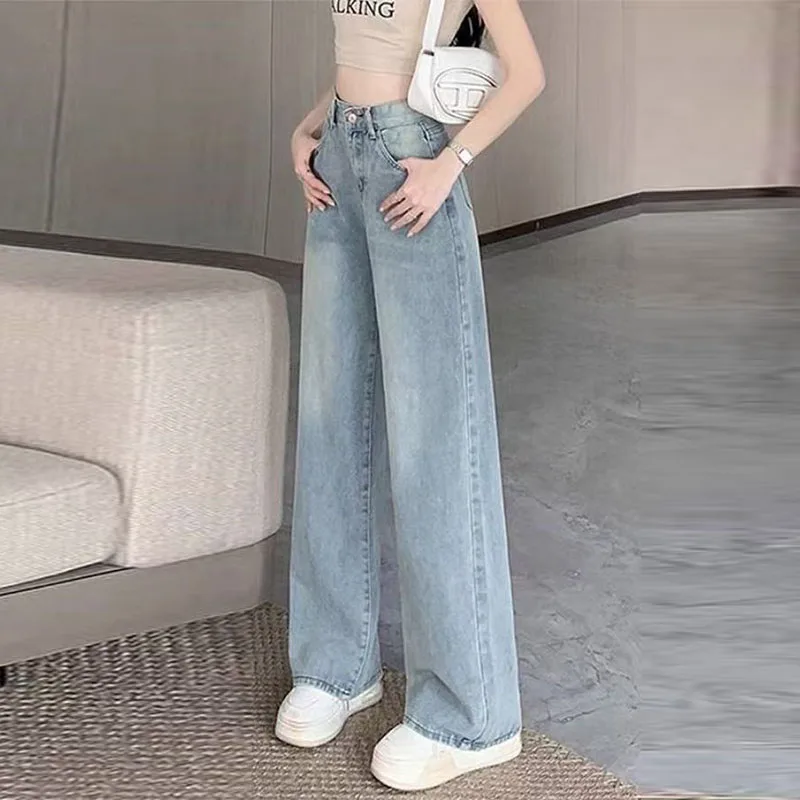 

High Waist Wide Leg Straight Cut Blue Denim Jeans Women's Spring Korean Style Fashionable Comfortable Classic Style
