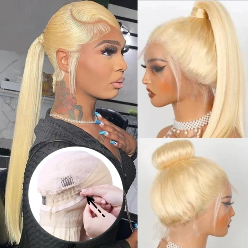 613 Honey Blonde Straight 360 Lace Frontal Wig Adjustable Invisi Strap invisible Drawstring Ponytail 13x4 13x6 HD Lace Front Wig 5x5 Glueless Closure Wig Pre-Plucked Pre-Bleached 220% Density Human Hair Wigs For Women