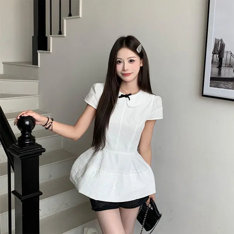 

Exquisite Qianjinhua Bud Short-sleeved Shirt Women Summer Stylish Design Temperament Doll Collar Splicing Top