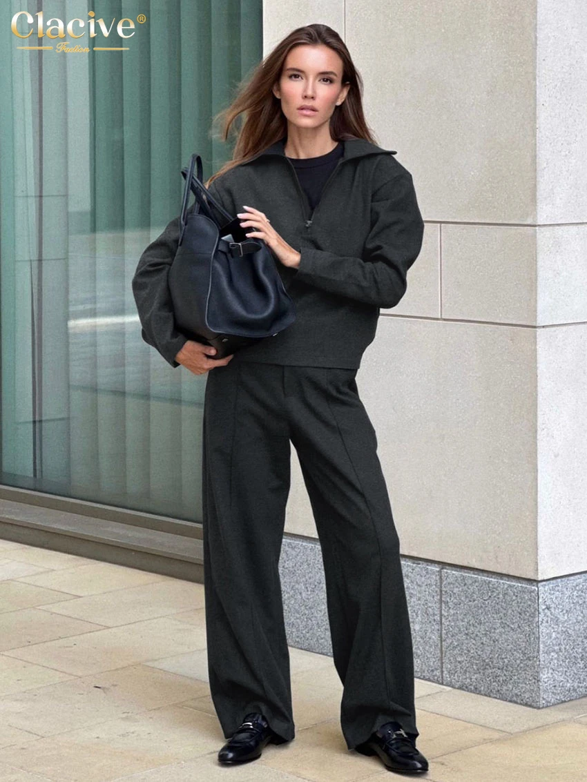 Clacive Fashion Loose Gray 2 Piece Sets Women Outfit 2025 Elegant Long Sleeve Shirt With High Waist Wide Pants Set Streetwear