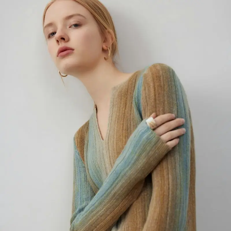 Winter Casual Long Sleeve Women Tie Dye Sweater Minimalist Slim V Neck Split Knit Pullover Ladies Clothing Tops 2023