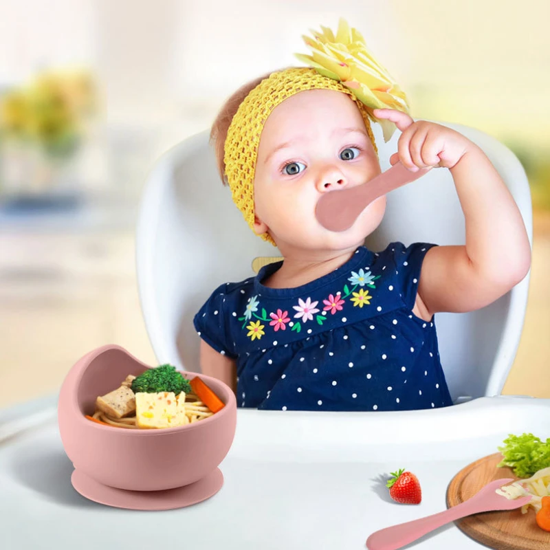 BPA FREI Silikon Baby Fütterung Set Sauger Schüssel Teller Stroh Tasse Löffel Gabeln für Kinder Baby Geschirr Kinder Gerichte – Detail 8
