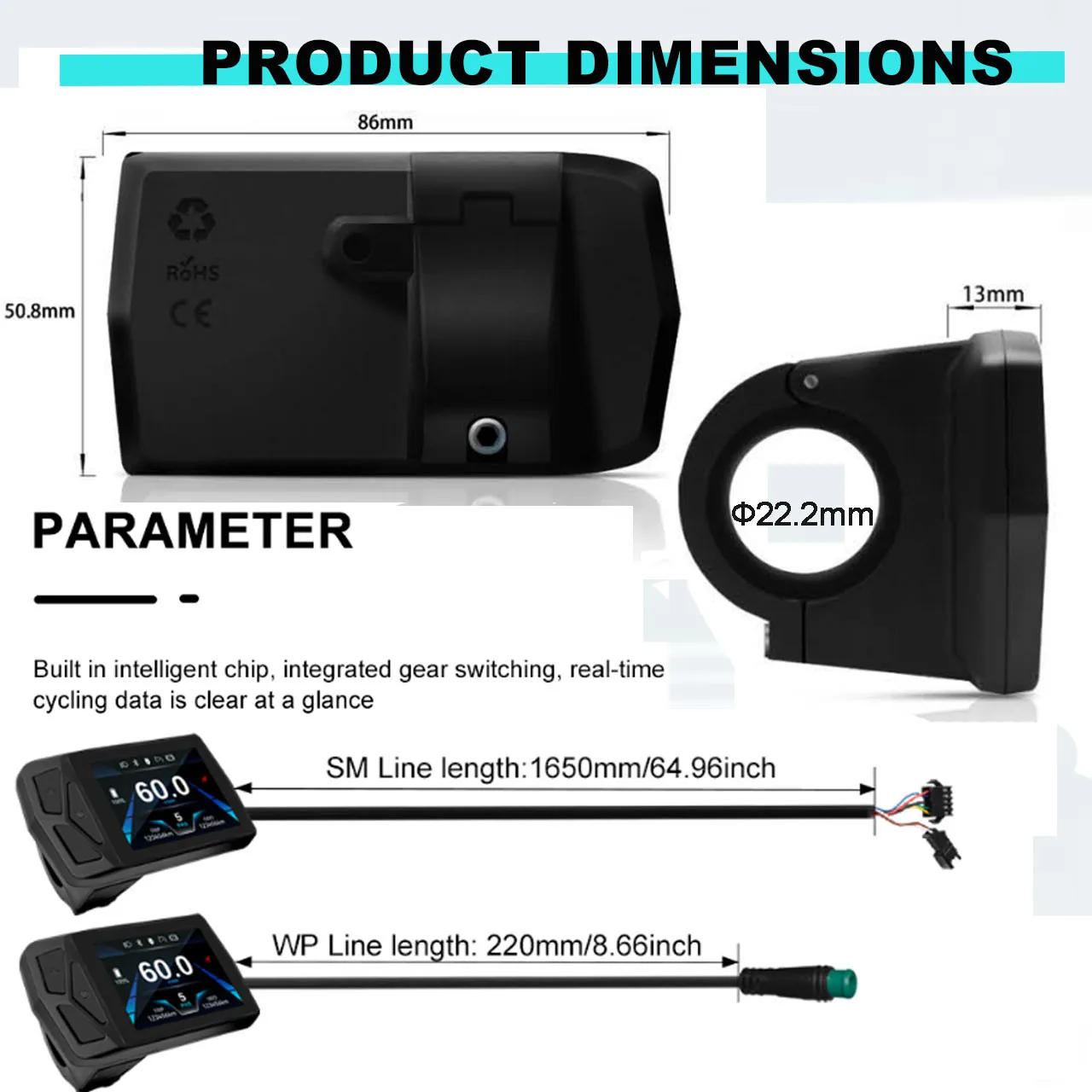 Electric Bicycle T24 LCD Display Screen  24V-72V SM/WP for UART 2 Communication Protocol Controller view 2