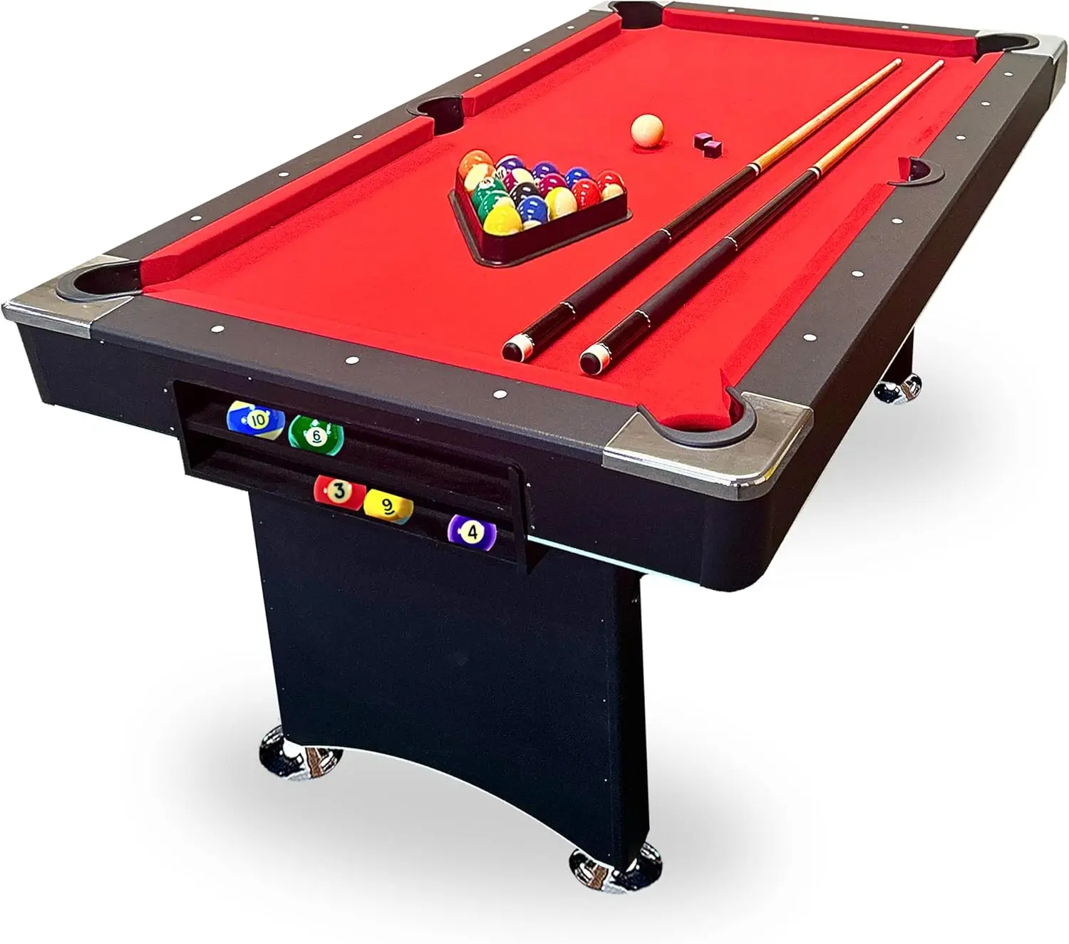 6 FT Table. Includes Billiard Tables Accessories- 2 Pool Cues, Set of Pool Table Balls, Triangle, Table Brush, Chalk