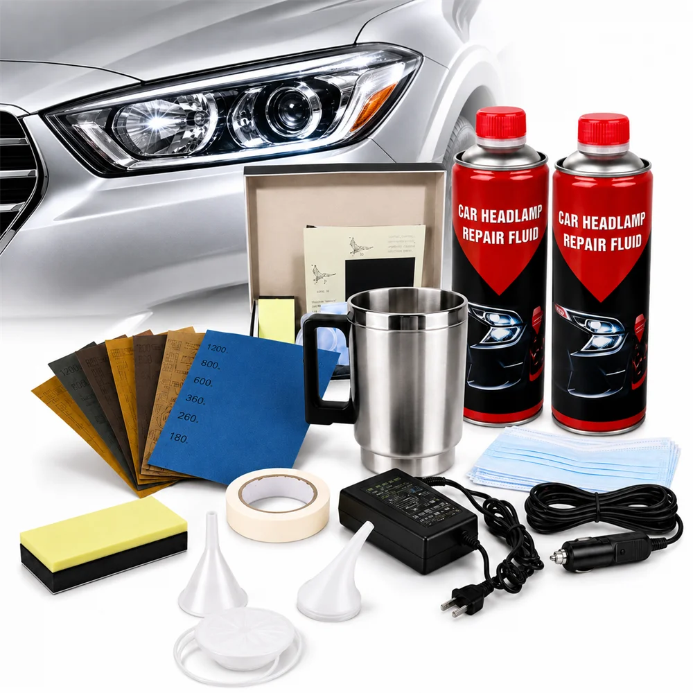 Kit de Restauración de Faros de Coche, 2x800ml Líquido, Vaso de Vapor de Acero Inoxidable, Doble Potencia 110V-220V/12V, Repara Faros Amarillentos y Rayados