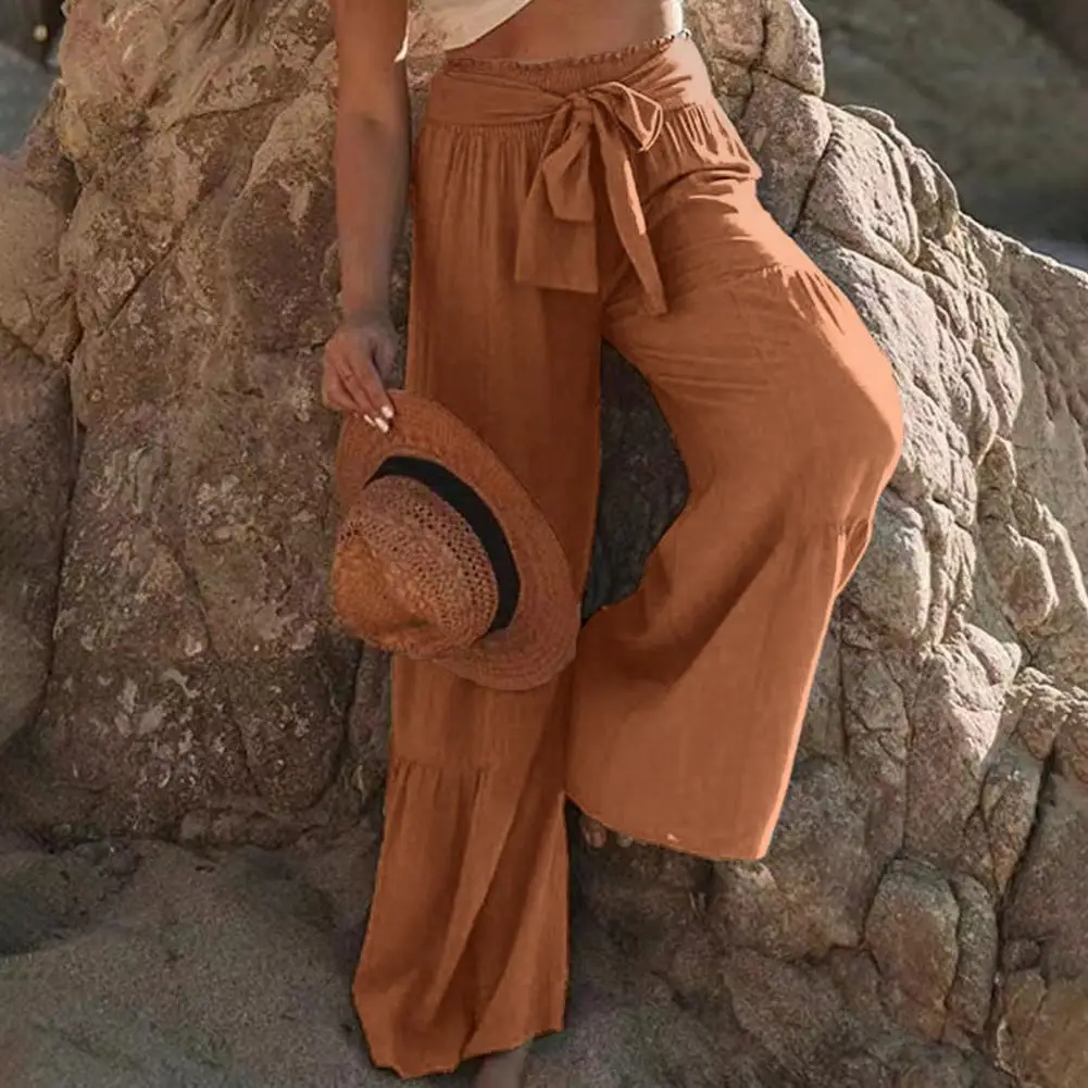 

Cotton Bowknot Women Beach Pants Lace Up Pleated High Waist Wide Leg Loose Pants Pure Color Lady Summer Pants Female Trousers