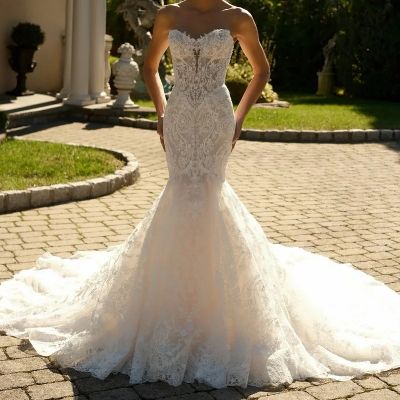 Lace White Appliques Wedding Dresses Decal Skirt Long Tail Fishtail Skirt Made Wedding Dress Bridal Gown Customize