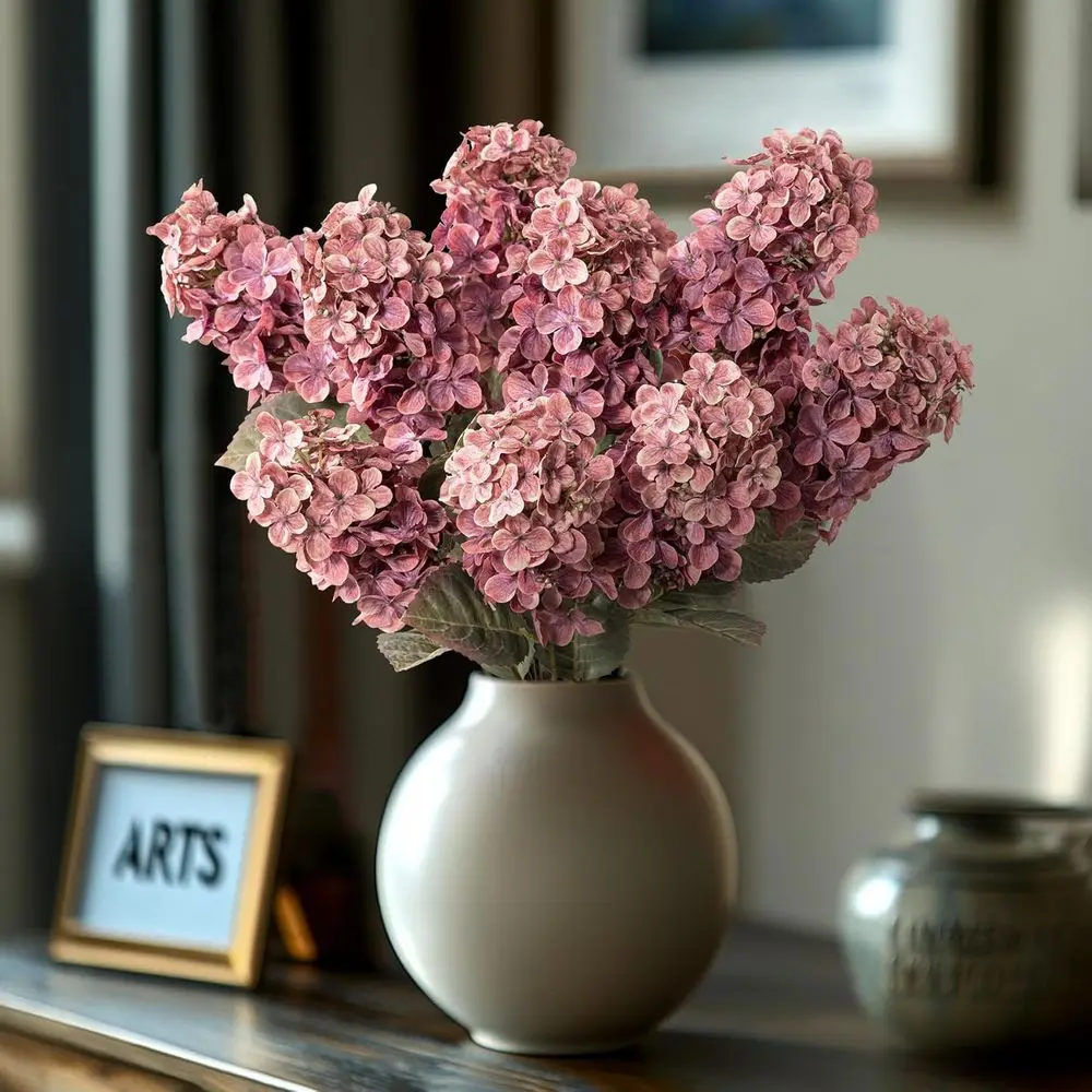 Artificial Hydrangea Stems, Dried Hydrangea Decorations, Winter Red Rose Silk Flowers (24, 8 Stems) - Vase Not Included