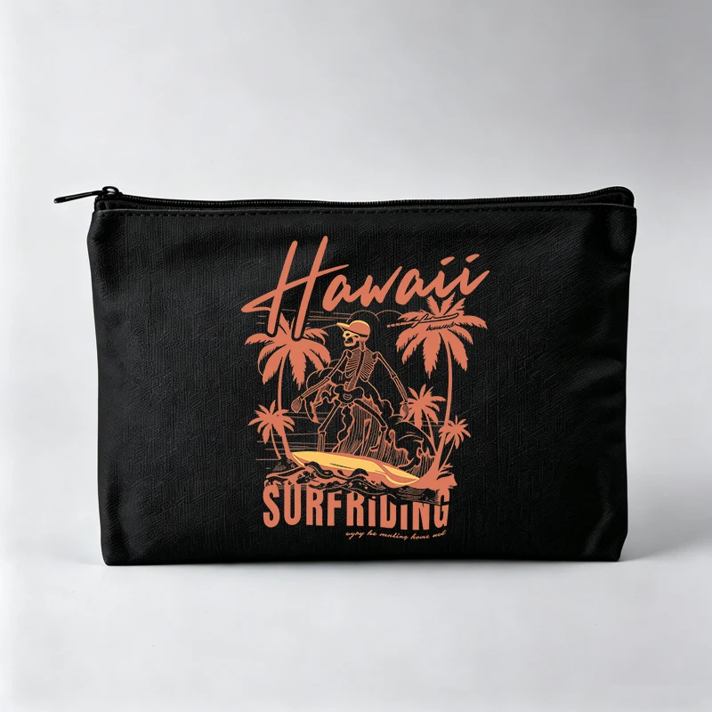 Skull Surfer Graphic Makeup Bag with Palm Tree Print, Vintage Style Cosmetic Pouch for Daily Use