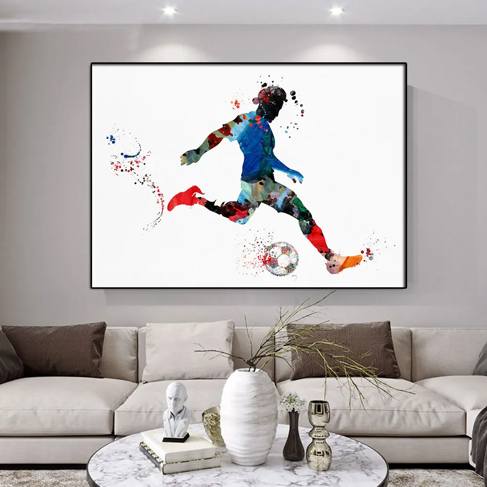 

Soccer Player Watercolor Poster Prints Football Player Dribbling The Ball Canvas Painting Sport Picture For Home Room Decor Gift