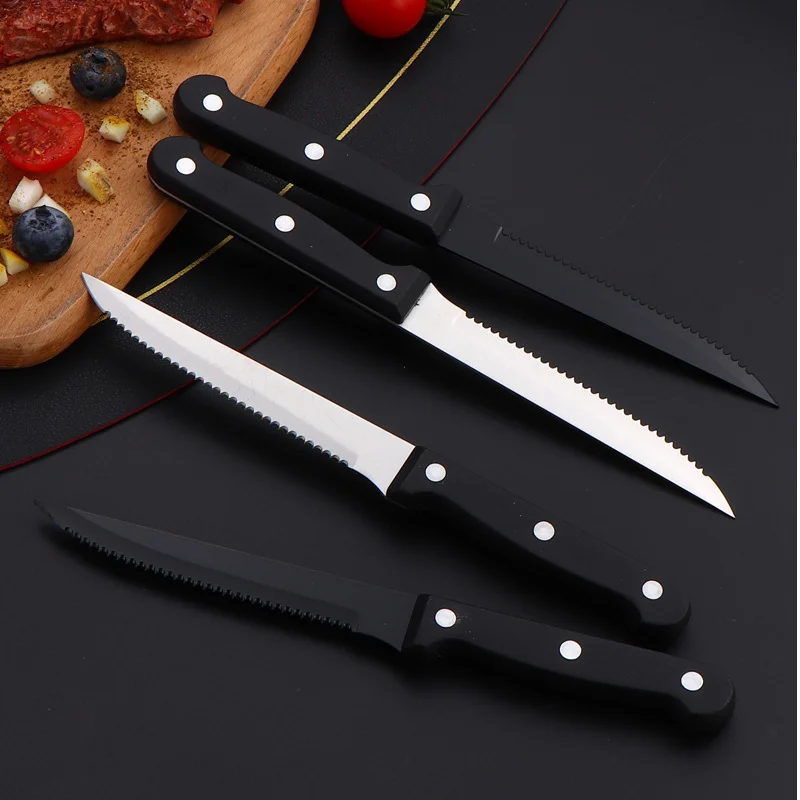 NEW 4PCS Steak Knives Set Sharp Blade Black PP Handle BBQ Picnic Meat Cutter Multi-function Fish Cutting Knife