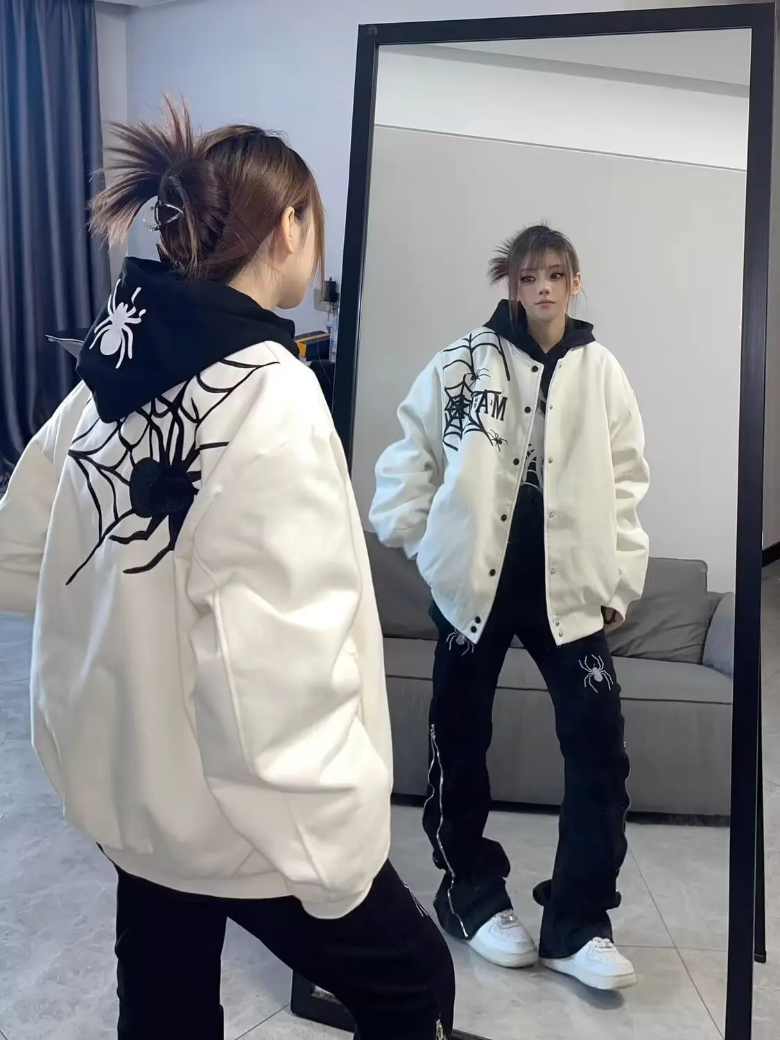 

Autumn Winter Hip Hop Spiderman Sweatshirt Unisex Cobwebs Printing Design Couple Harajuku Oversize Jacket Cardigan