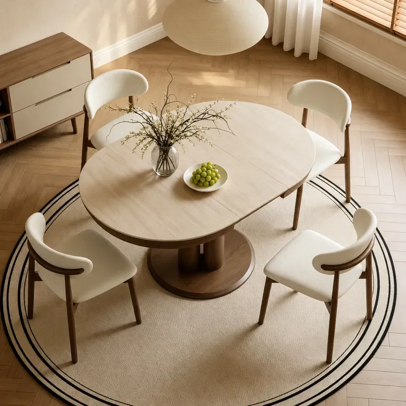 Medieval Cream Solid Wood Slate Dining Table and Chair Set Small Apartment Multifunctional Retractable Folding Oval Table