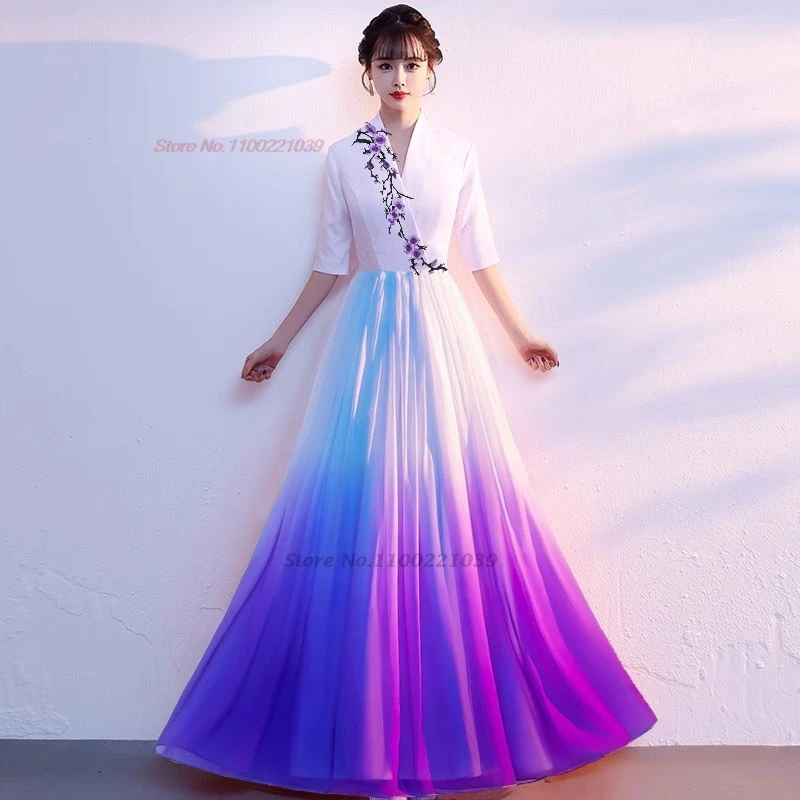 2024 chinese chorus dance costume gradient color chiffon hanfu dress traditional stage performance team recited evening dress