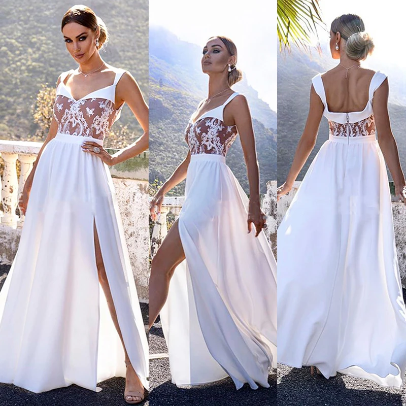

2024 Women's Elegant Lace Backless Maxi Evening Dress Solid Color V Neck High Waist Wedding Party Sexy Bridesmaids White Dresses