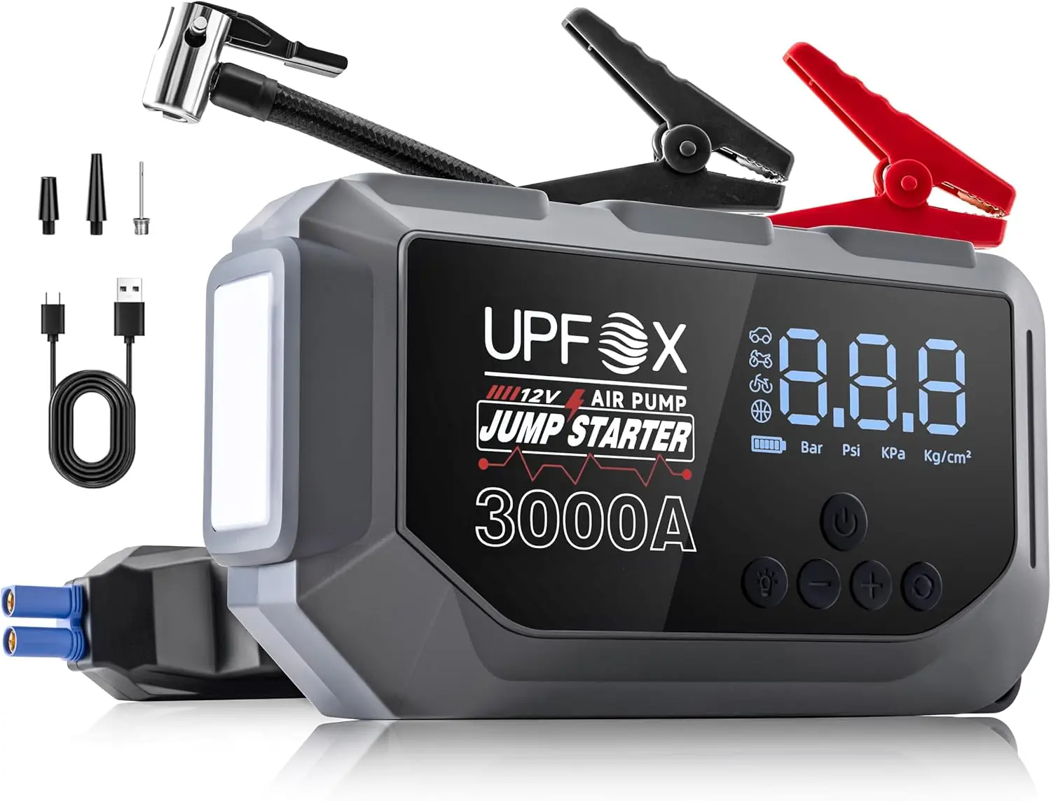 

3000A Jump Starter with Air Compressor, 12V Portable for 8.0L Gas & 6.0L Diesel Engines, 150PSI Tire Inflator with LED Display