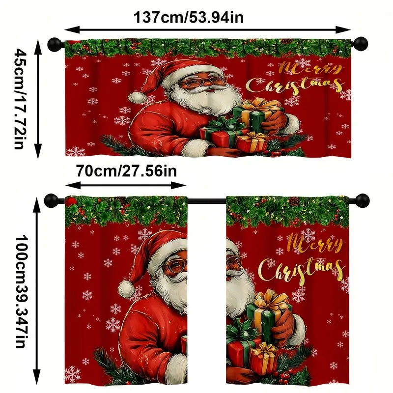 VIKAMA Christmas Kitchen Curtain Black Santa Gift Box Pine Print Holiday Decoration Cafe Curtain Short Window Curtain Rod