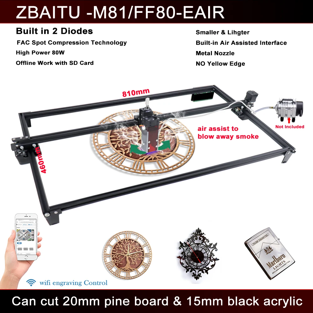 Graveur Laser sans fil, découpeur de bois, Machine à graver routeur, Module Laser assisté par Air ZBAITU 81X46CM 80W