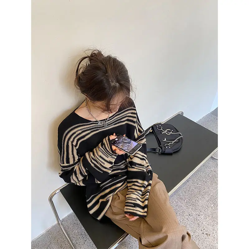 

Striped Loose Fit Thin Pullover Sweater Street Sle round Ne Long Sve Autumn Winter Women's Knitwear Casual Faion