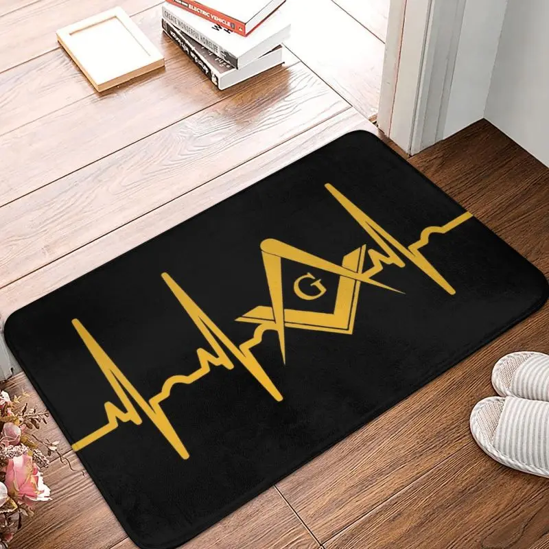 Custom Heartbeat Freemason Doormat Mat Anti-Slip Masonic Mason Kitchen Bathroom Garden Rug Carpet 40*60cm