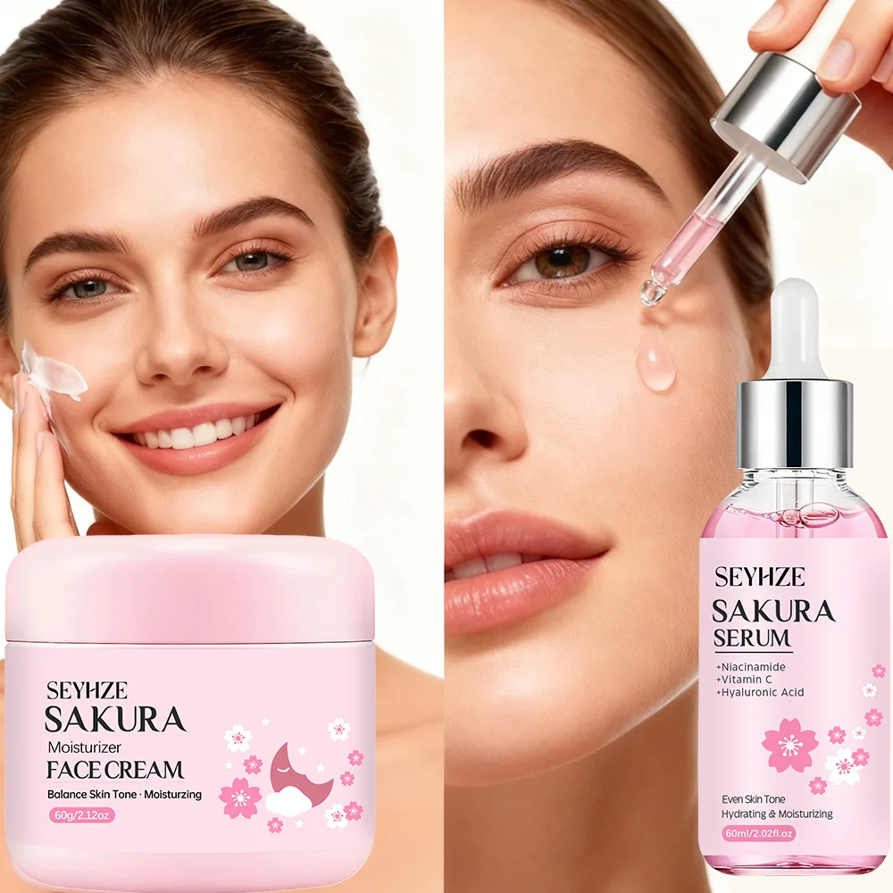 SEYHZE Sakura Collagen Essence + Moisturizing Cream Facial Care Set - 2pcs Packed with Collagen Peptides Vitamin C/E Aloe Niacin