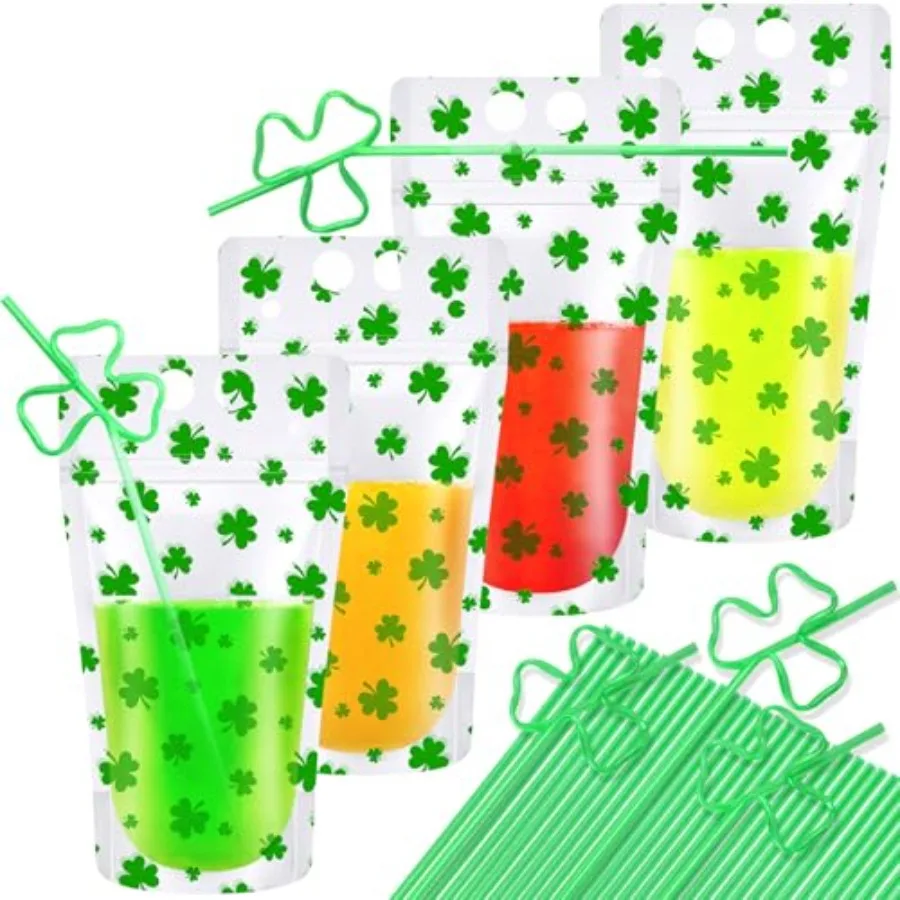 

100 шт. пакетов для напитков ко Дню Святого Патрика с трубочками в виде клевера, 5x9 дюймов, для сока и ликера, стоячие пакеты для напитков с клевером для взрослых