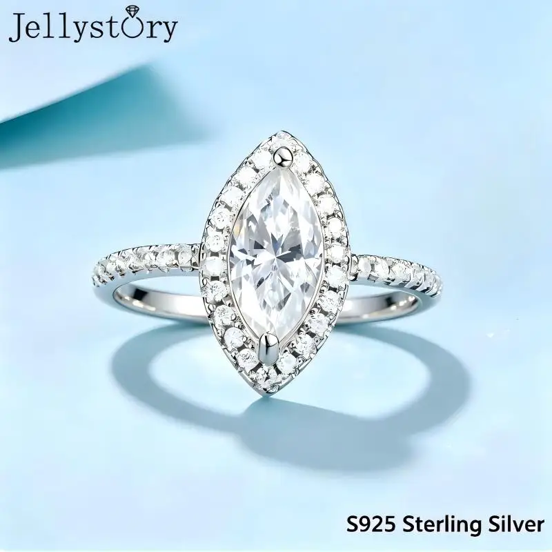 JellyStory High-End Marquise Moissanite Ring for Her S925 Silver Full Inlaid Design Minimalist Jewelry for Daily Wear