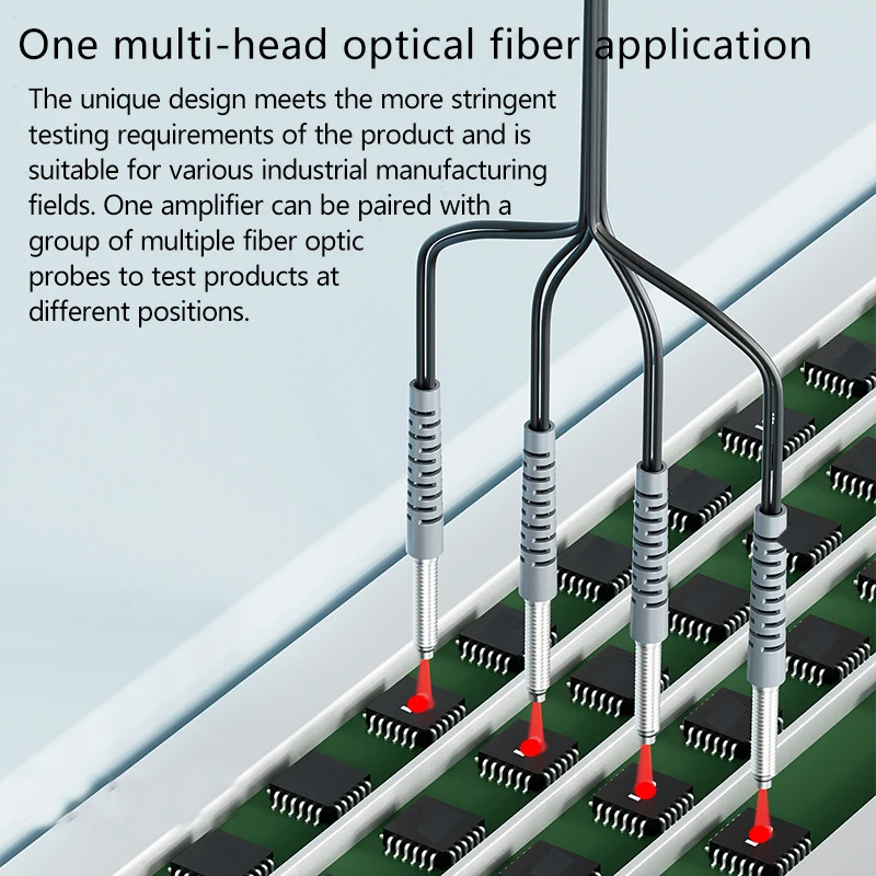 The multi-head optical fiber sensor amplifier and multi-head sensor probe are positioned for the diffuse reflection mold