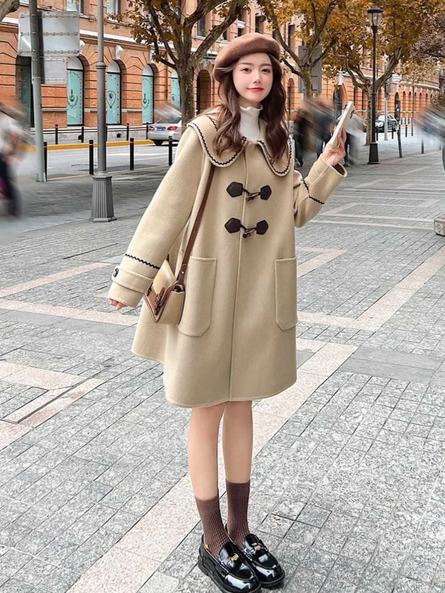 

Loose Casual Navy Collar Woolen Coat Women's Faion Outerwear Large Size Autumn Winter Clothes Korean Sle Long Sve