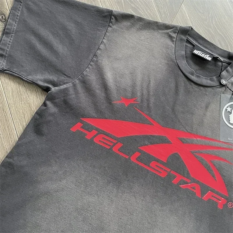 

24ss Washed Grey Oversized Pure Cotton T Shirt Men Women 1:1 Best Quality Hell Star Logo Graphic T Shirts